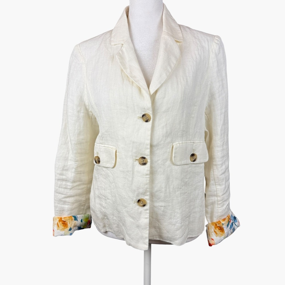 Sundance Linen Blazer Small Jacket Ivory Cream Floral Cuffs Coastal Grandmother